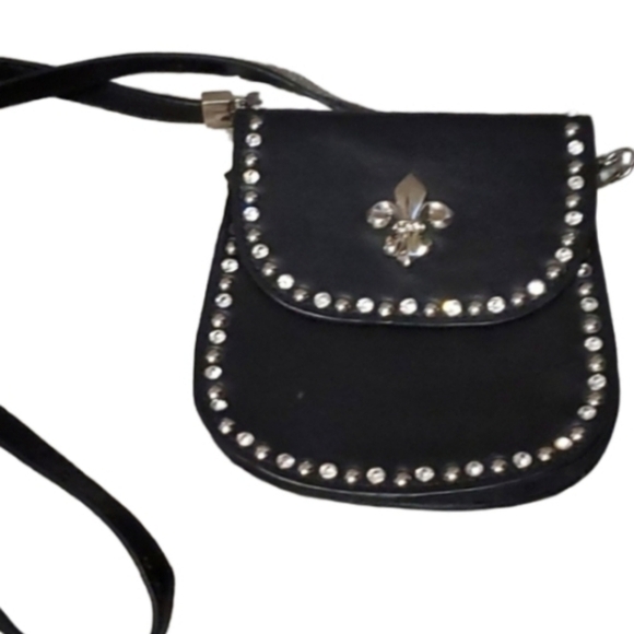 Black Genuine Leather Crossbody Bag Rhinestone Accents & Fleur-De-Lis Detail - Picture 1 of 11